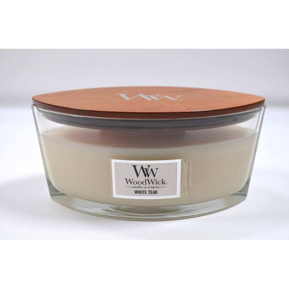 WoodWick White Teak Scented Candle Hearthwick Flame Crackling Wick  16oz